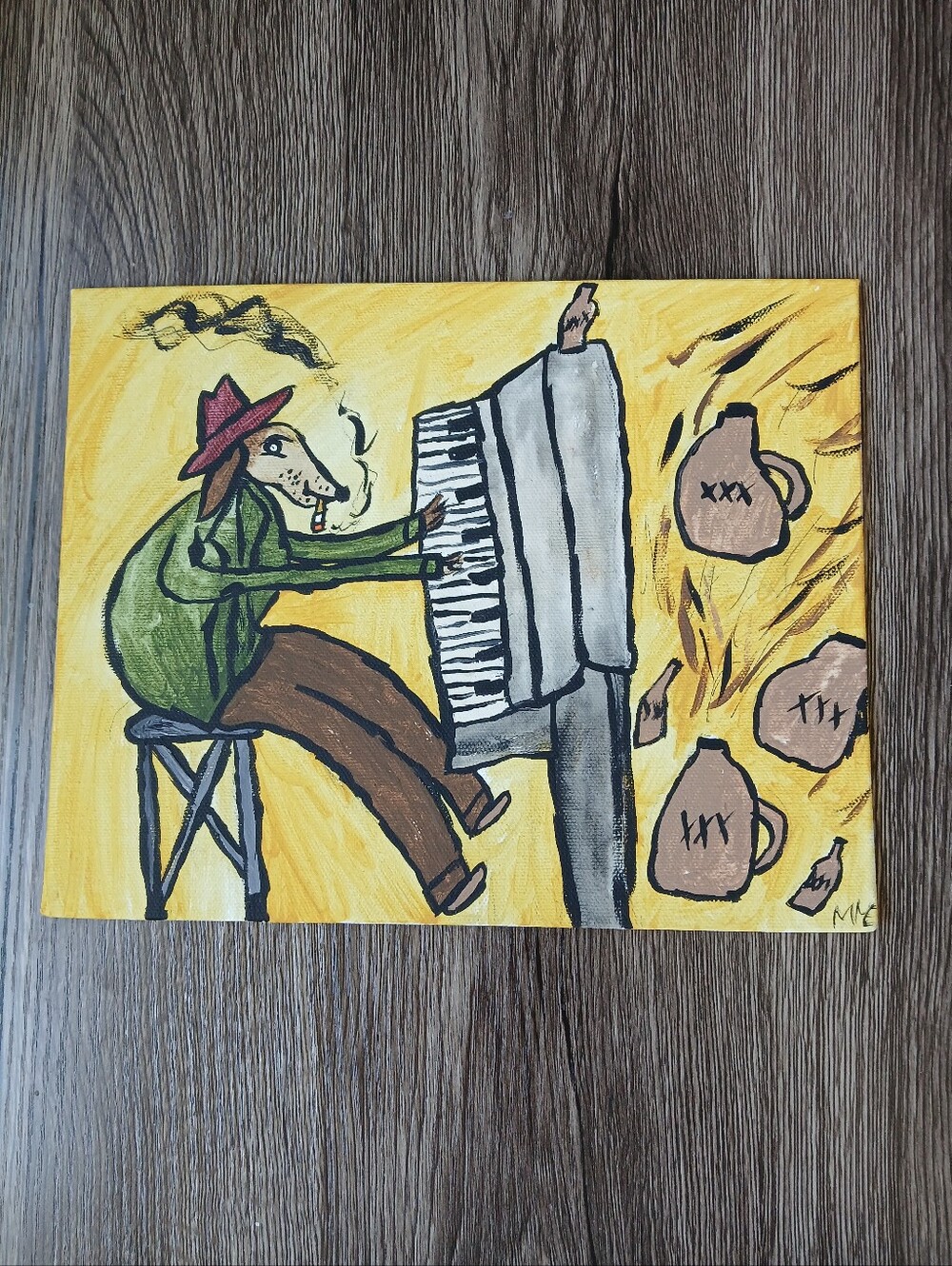 Dog Playing Piano Painting Folk Art